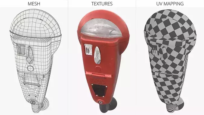Vintage Street Parking Meter with Metal Housing Red Old 3D model 5