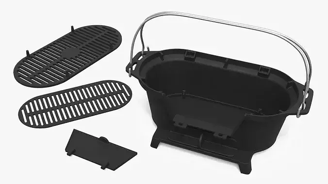 Cast Iron Charcoal Grill with Lid Black 3D model 6