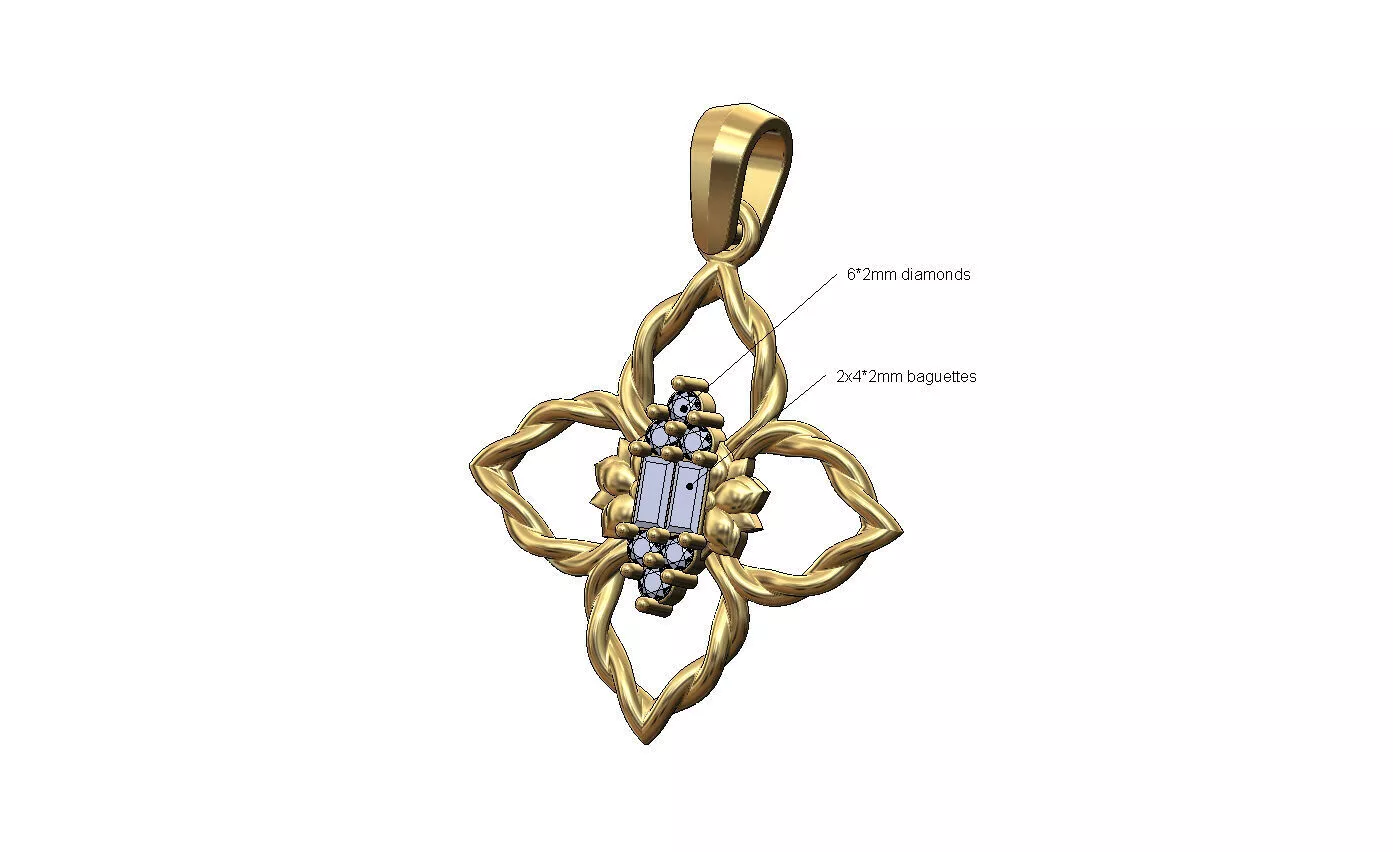 Braided wire flower baguette diamond lotus cluster pendant 3D print model