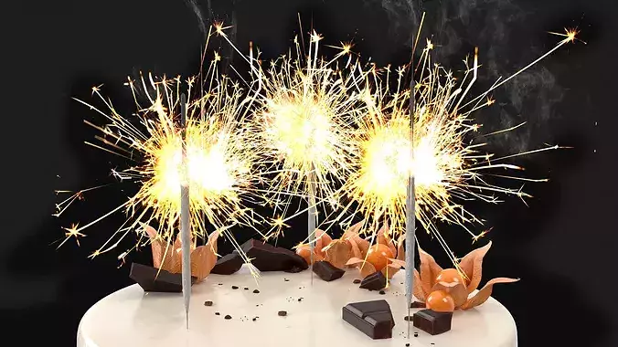 Celebration Mousse Cake with Sparklers and Physalis Decoration 3D model 7