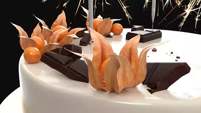 Celebration Mousse Cake with Sparklers and Physalis Decoration 3D model 6