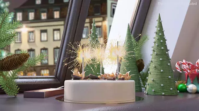 Celebration Mousse Cake with Sparklers and Physalis Decoration 3D model 2