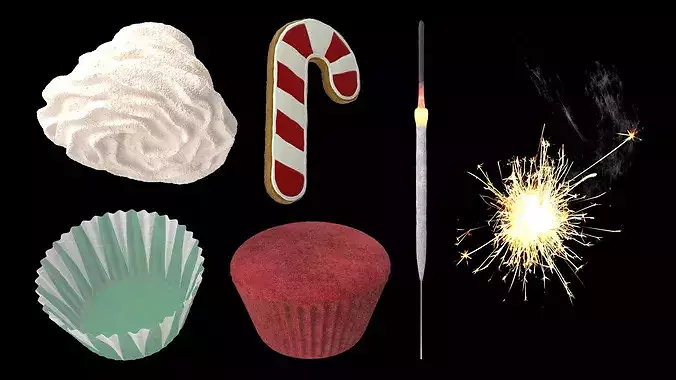 Christmas Cupcake with Sparkler and Candy Cane Cookie 3D model 5