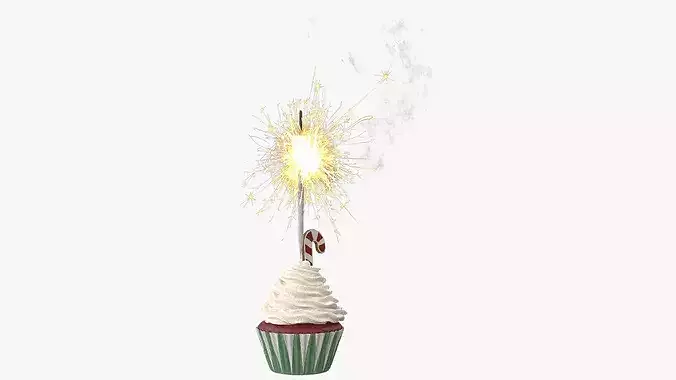 Christmas Cupcake with Sparkler and Candy Cane Cookie 3D model