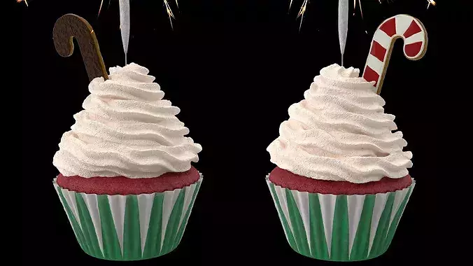 Christmas Cupcake with Sparkler and Candy Cane Cookie 3D model 4