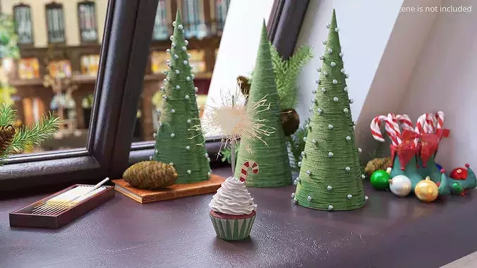 Christmas Cupcake with Sparkler and Candy Cane Cookie 3D model 2