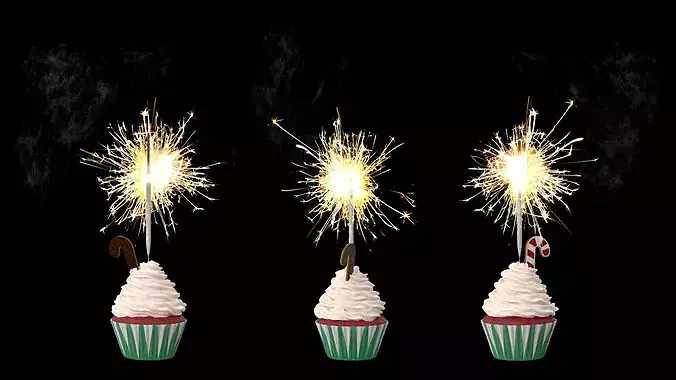 Christmas Cupcake with Sparkler and Candy Cane Cookie 3D model 3