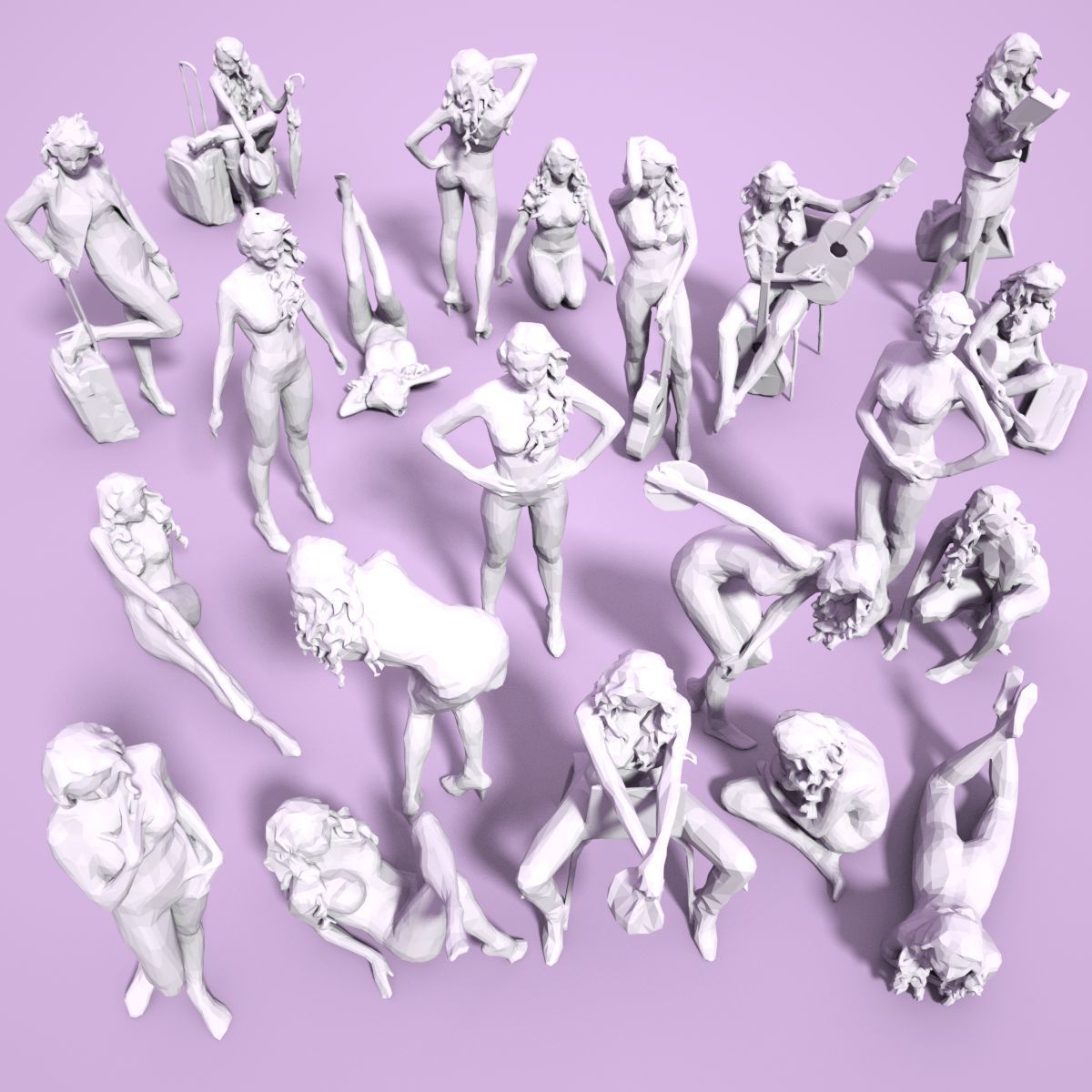 21 Girl Statues Faceted Look Low-poly 3D model_1