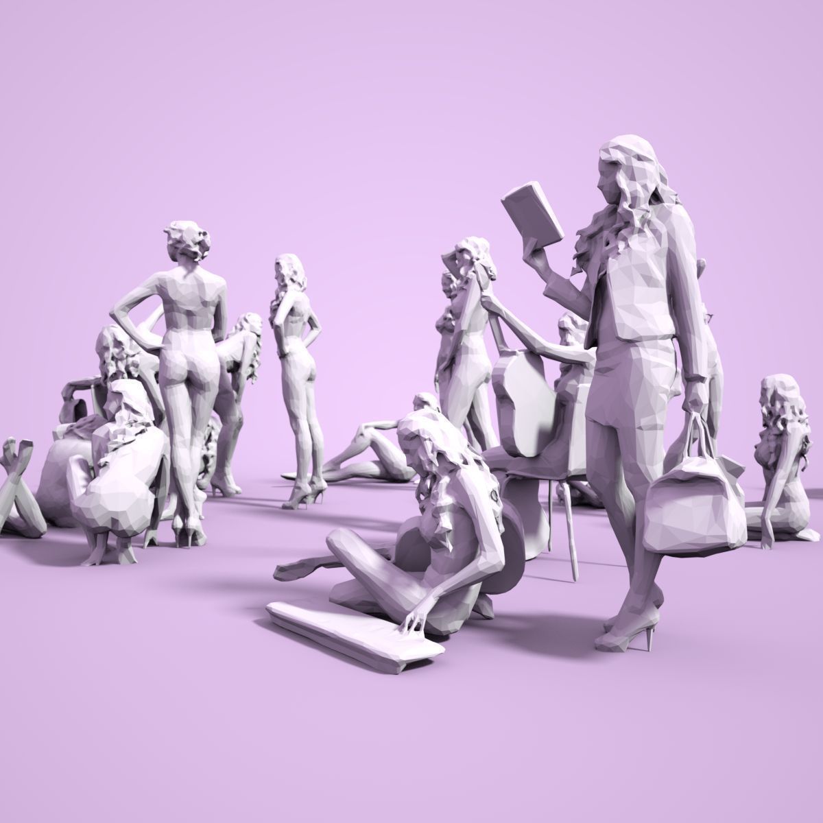 21 Girl Statues Faceted Look Low-poly 3D model_2