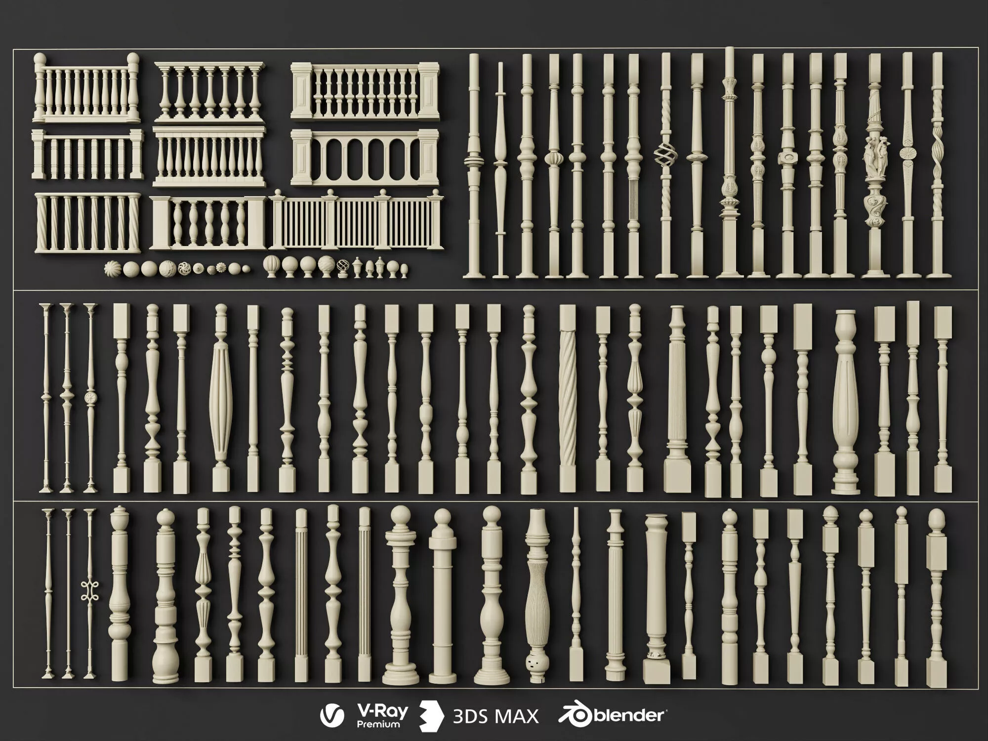 Ornate European Style Railing Balusters Collection Low-poly 3D model