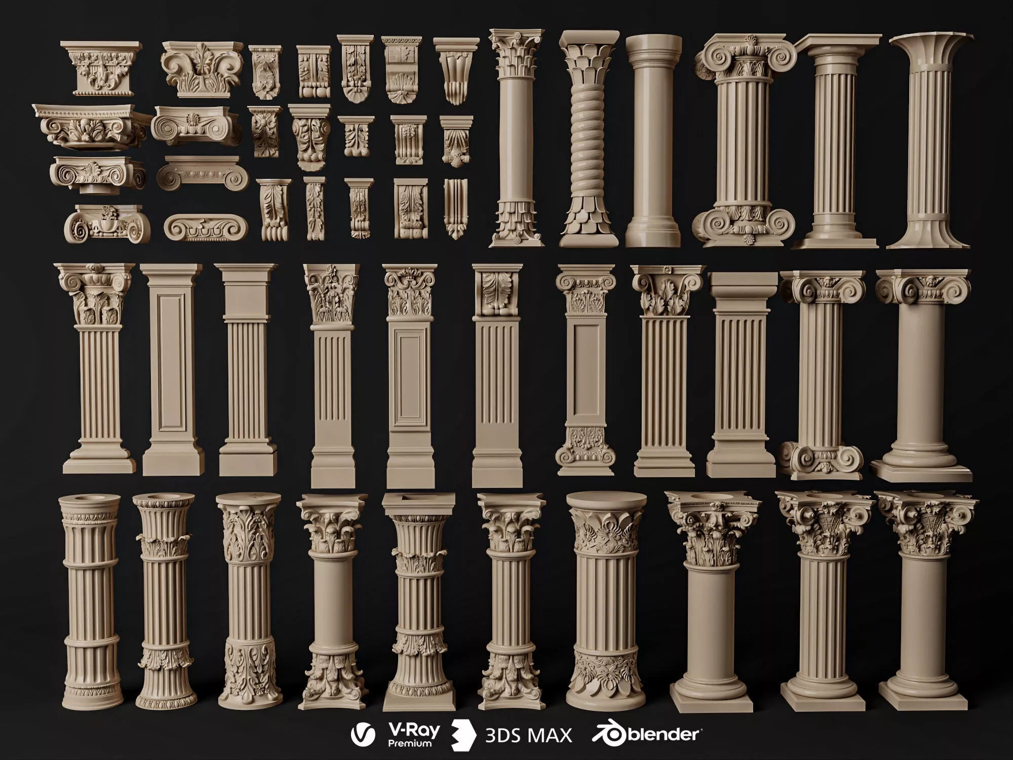 European Ornate Pillar Capital Architecture Model Set 3D model