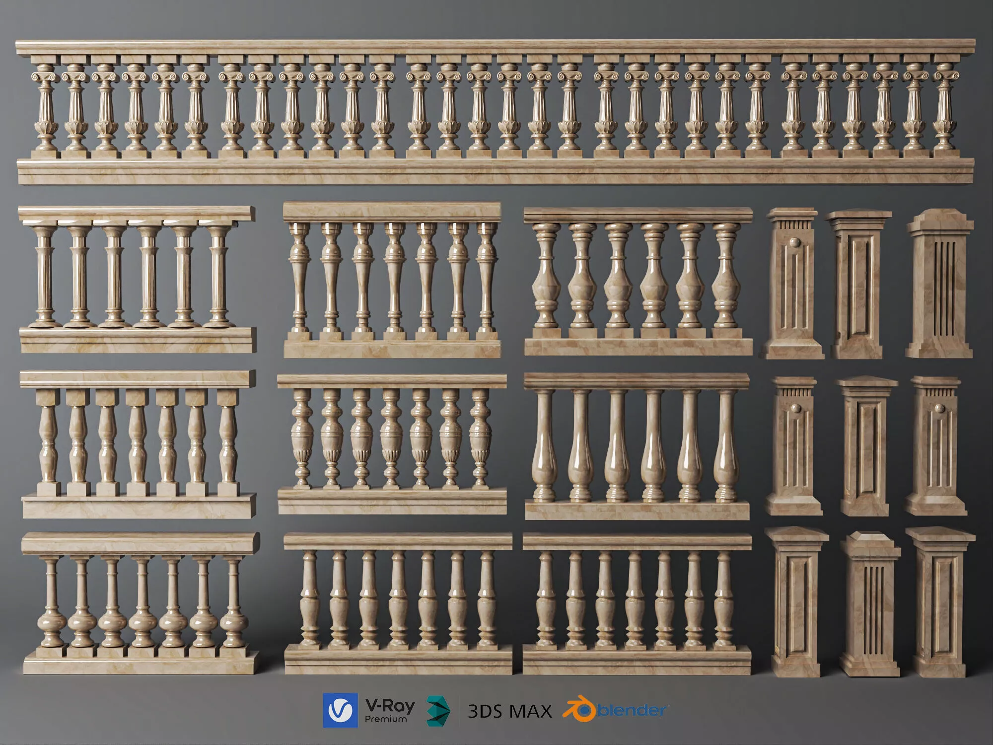 Classical Stone Balustrade Collection Low-poly 3D model