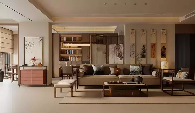 Chinese style living and dining room New Chinese Style Home 3D model