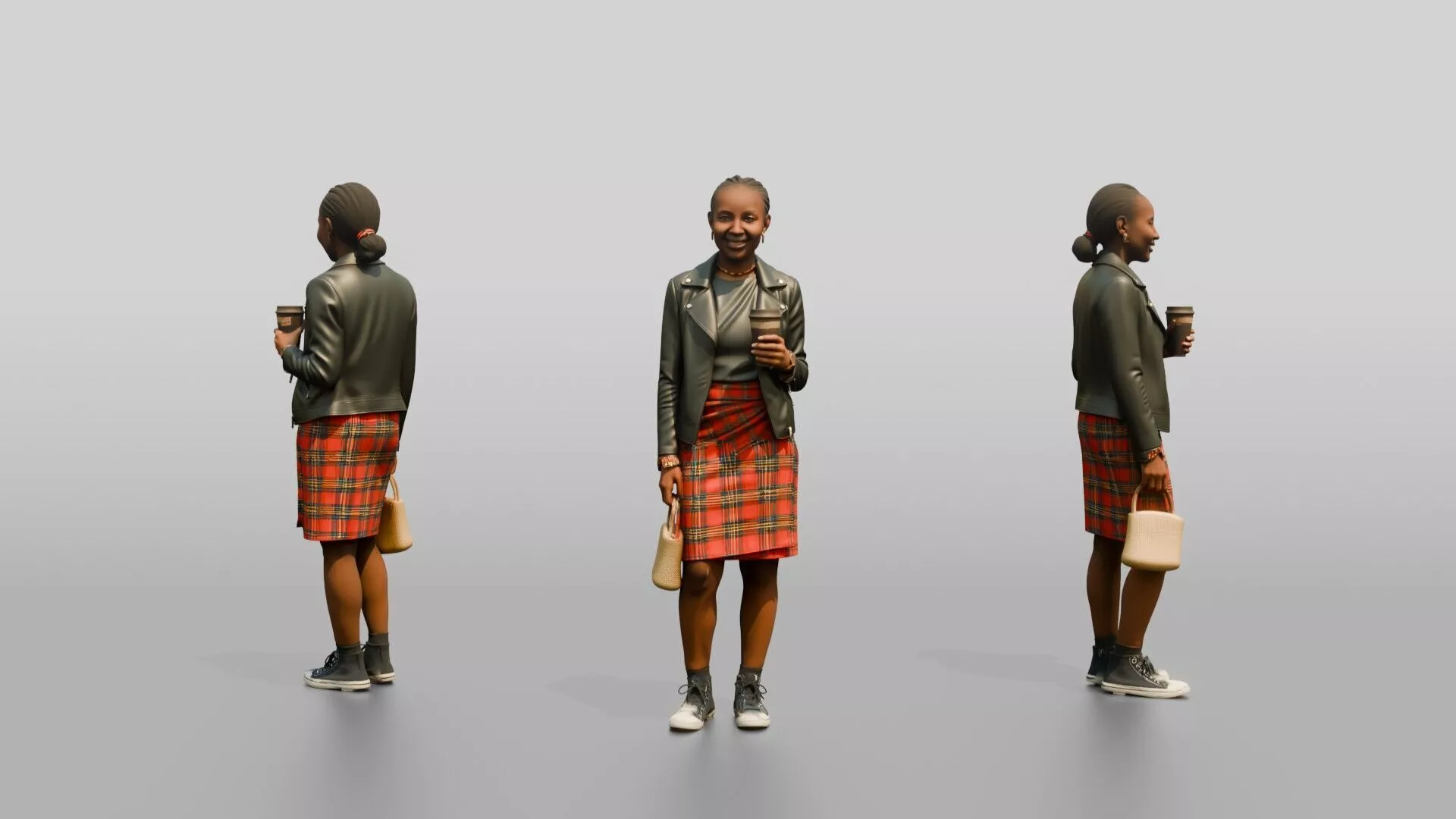 Young African Woman in Leather Jacket and Plaid Skirt 3D model