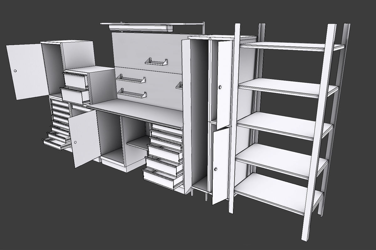 Workbench cabinets and drawers in garage Low-poly 3D model_9