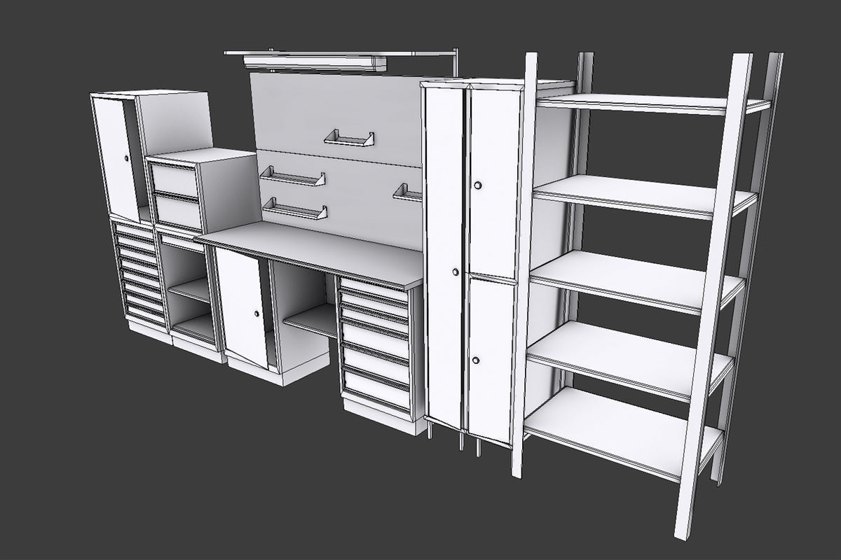 Workbench cabinets and drawers in garage Low-poly 3D model_7