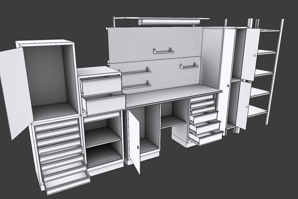 Workbench cabinets and drawers in garage Low-poly 3D model_8