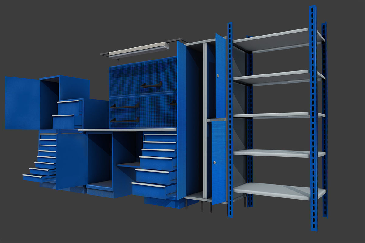 Workbench cabinets and drawers in garage Low-poly 3D model_3