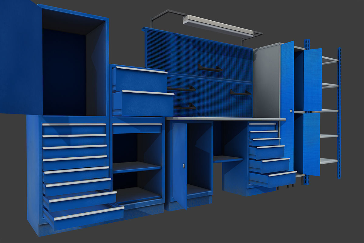 Workbench cabinets and drawers in garage Low-poly 3D model_1