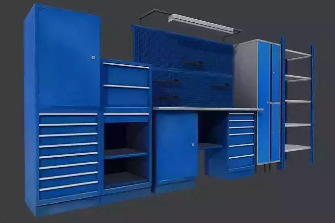 Workbench cabinets and drawers in garage Low-poly 3D model