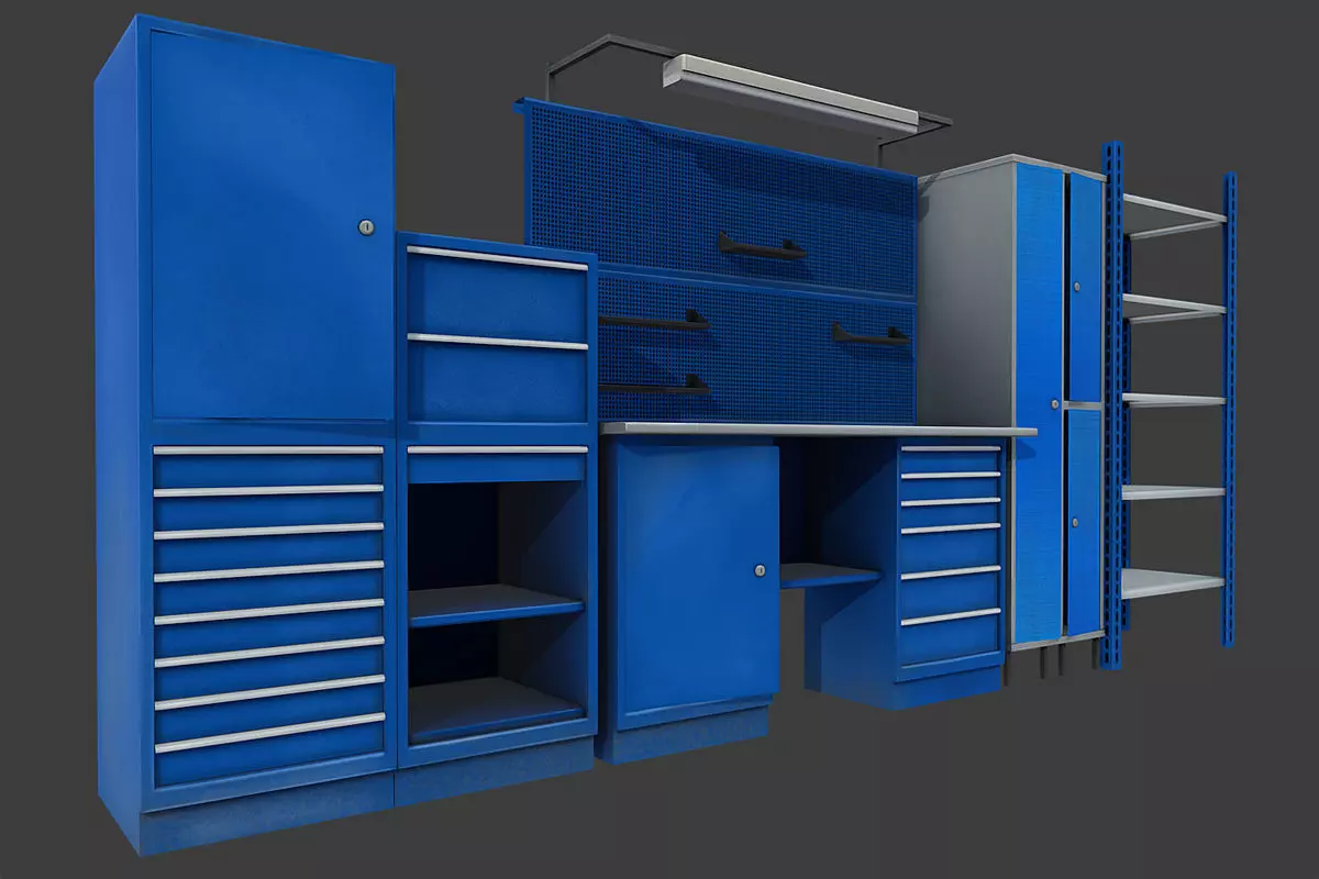 Workbench cabinets and drawers in garage Low-poly 3D model_0