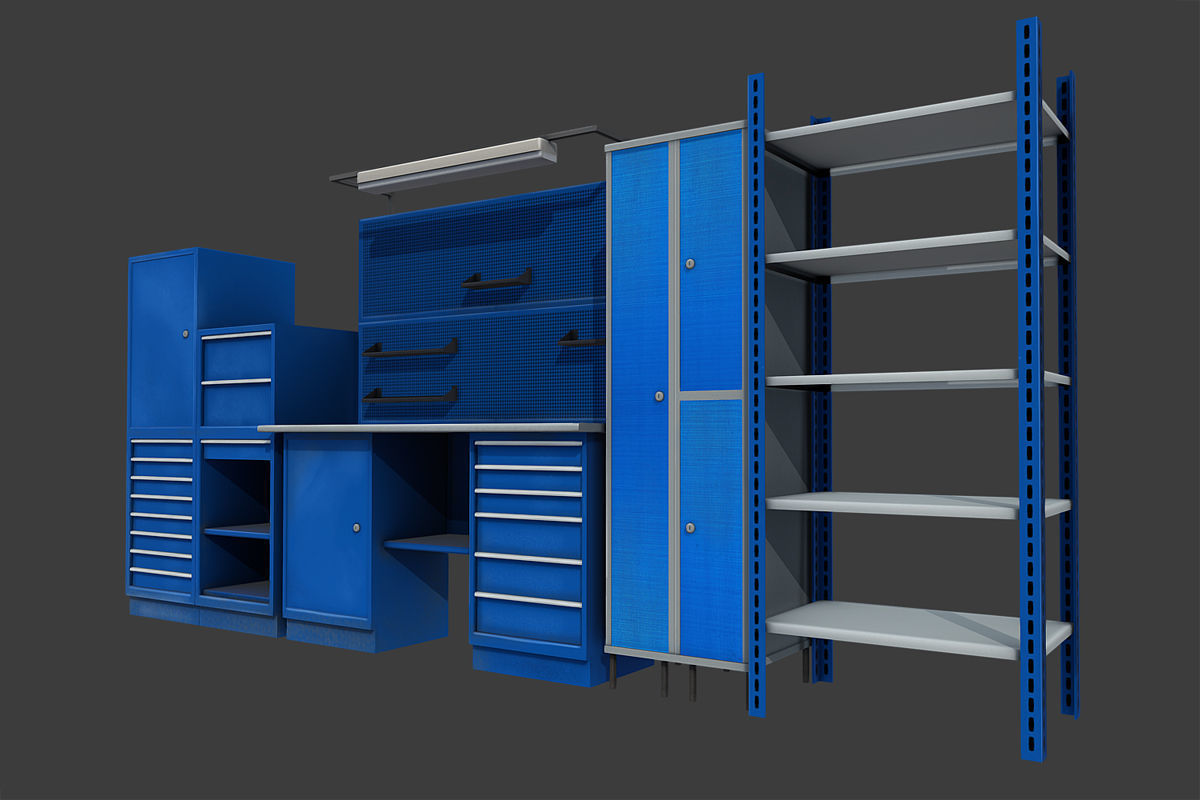 Workbench cabinets and drawers in garage Low-poly 3D model_2