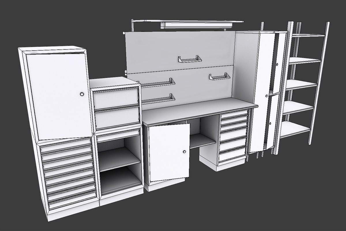 Workbench cabinets and drawers in garage Low-poly 3D model_6
