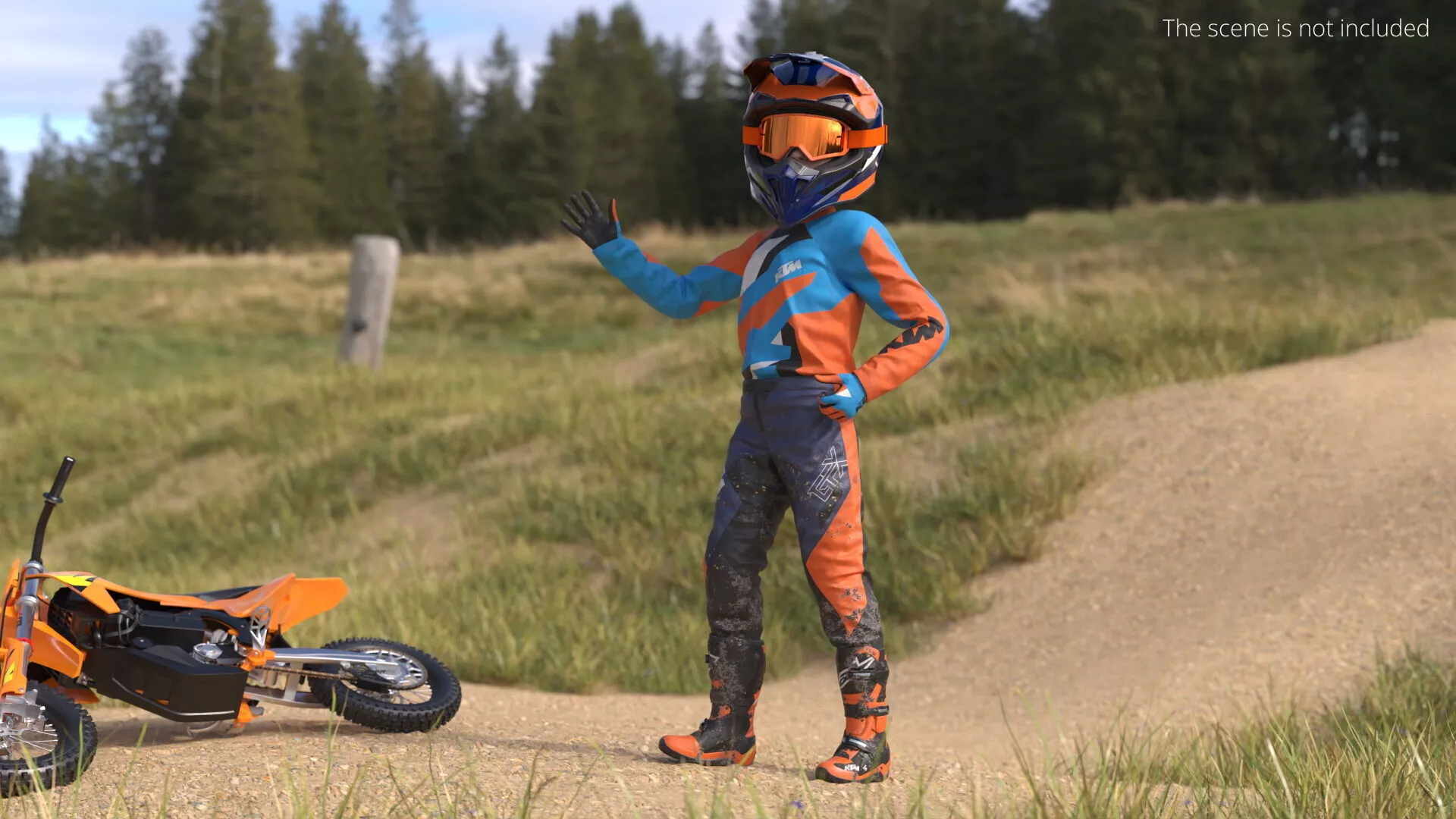 KTM Child Off Road Bike Rider Covered Mud Rigged for Maya 3D model