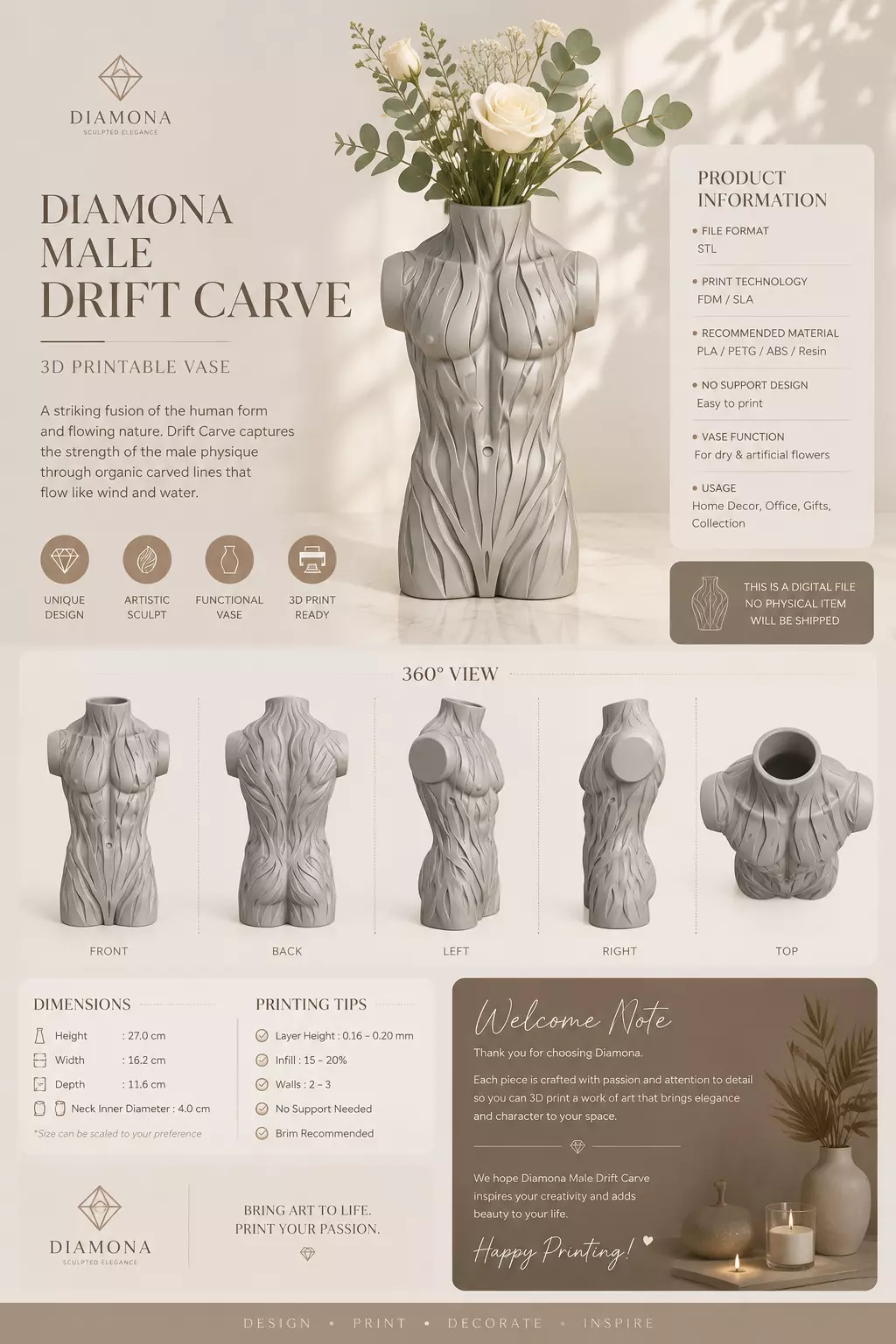 Diamona Male Drift Carve Modern Male Vase for 3D Printing 3D print model