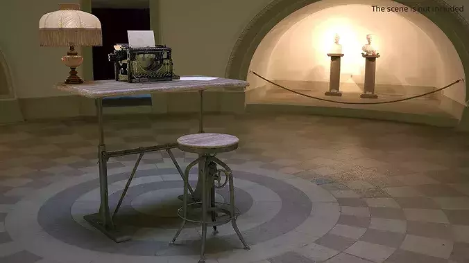 Retro Office Write Table with Classic Lamp and Typewriter 3D model 2
