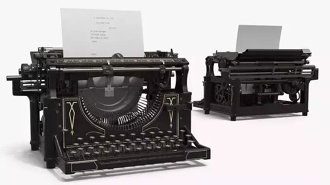 Retro Office Write Table with Classic Lamp and Typewriter 3D model 6