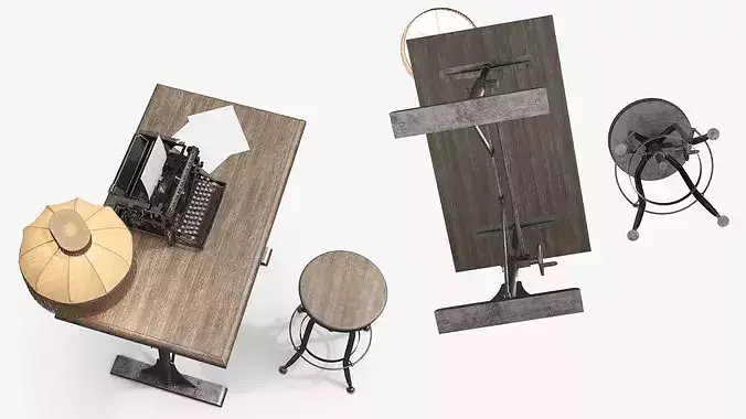 Retro Office Write Table with Classic Lamp and Typewriter 3D model 5