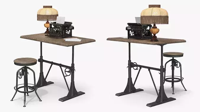 Retro Office Write Table with Classic Lamp and Typewriter 3D model