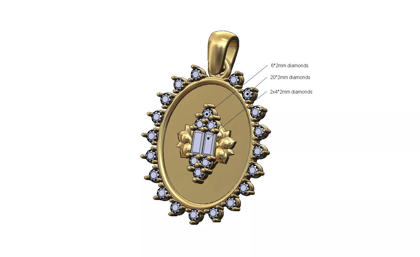 Oval halo diamond baguette lotus cluster pendant 3D print model