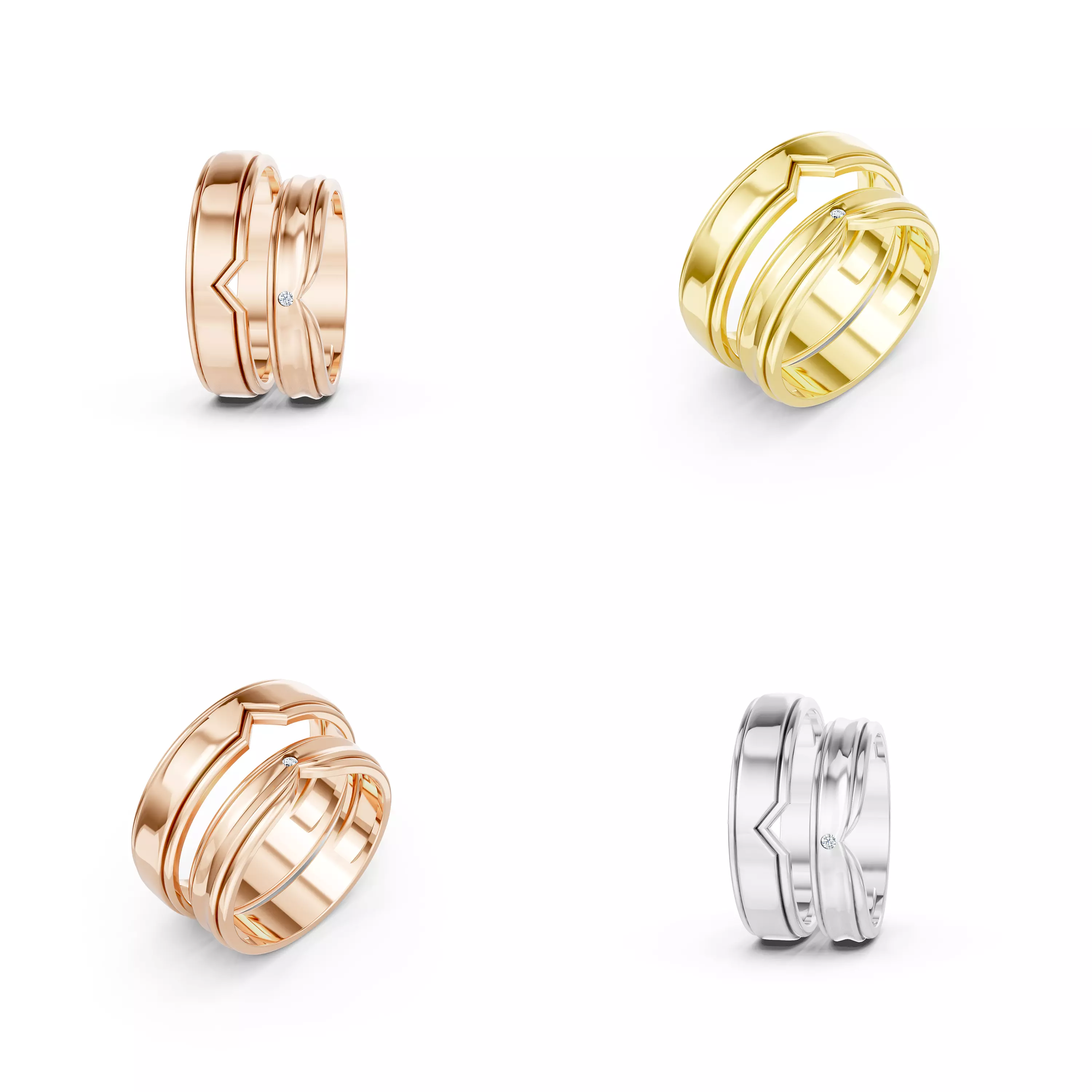Modern Chevron Couple Ring CAD Model STL 3DM Wedding Band Set 3D print model