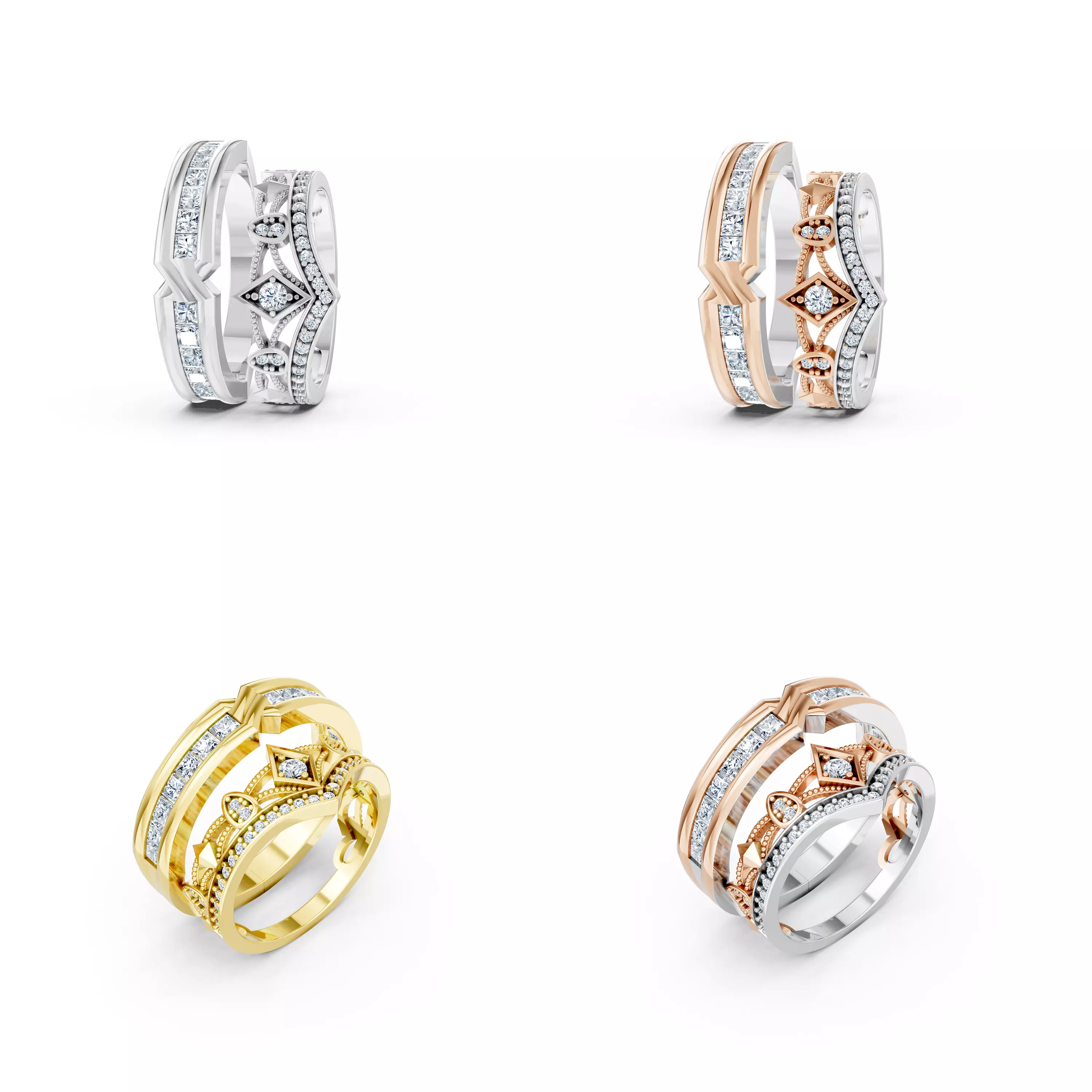 Royal Diamond Couple Rings CAD Model STL 3DM Wedding Band Set 3D print model