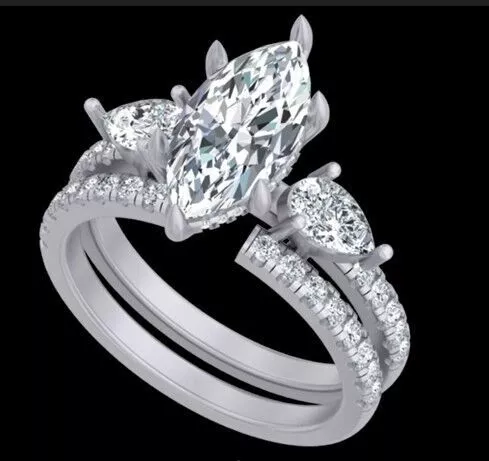 Marquise Cut Three-Stone Hidden Halo Bridal Ring 3D print model