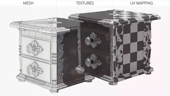 Antique Wooden Storage Chest Black 3D model 6