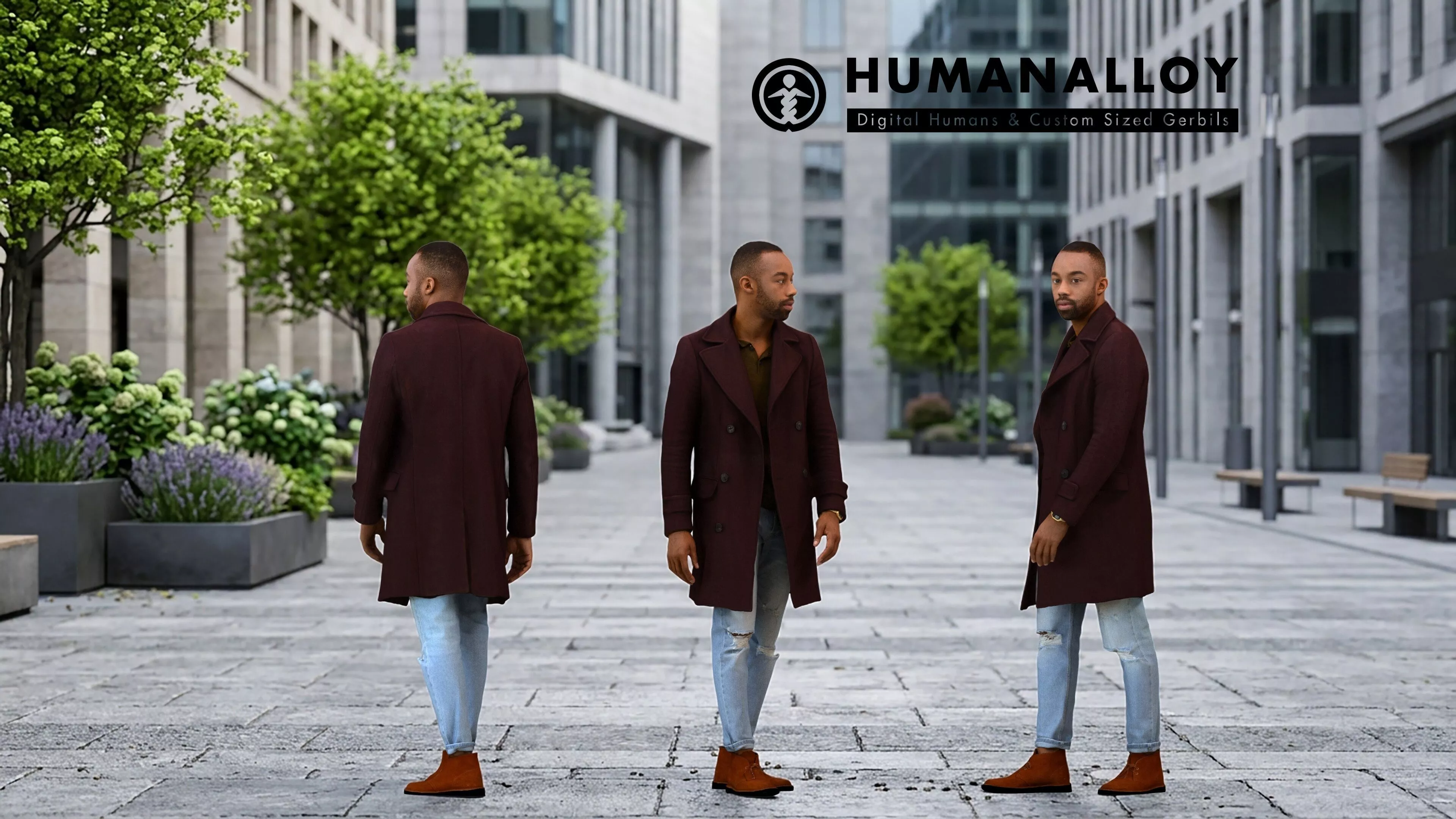 Adult Black man walking through public space in transitional 3D model