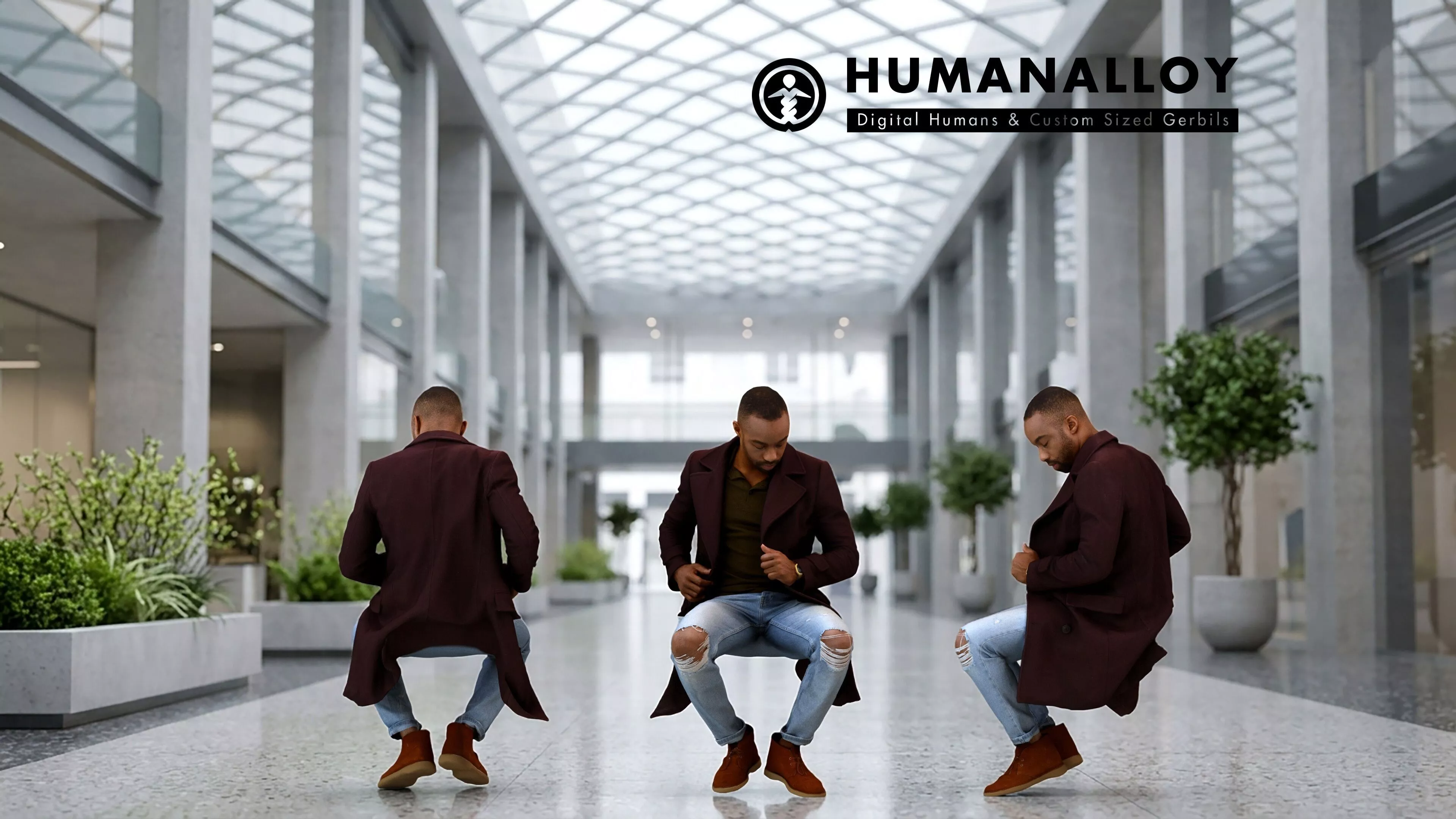 Adult Black male relaxing in public space wearing transitional 3D model