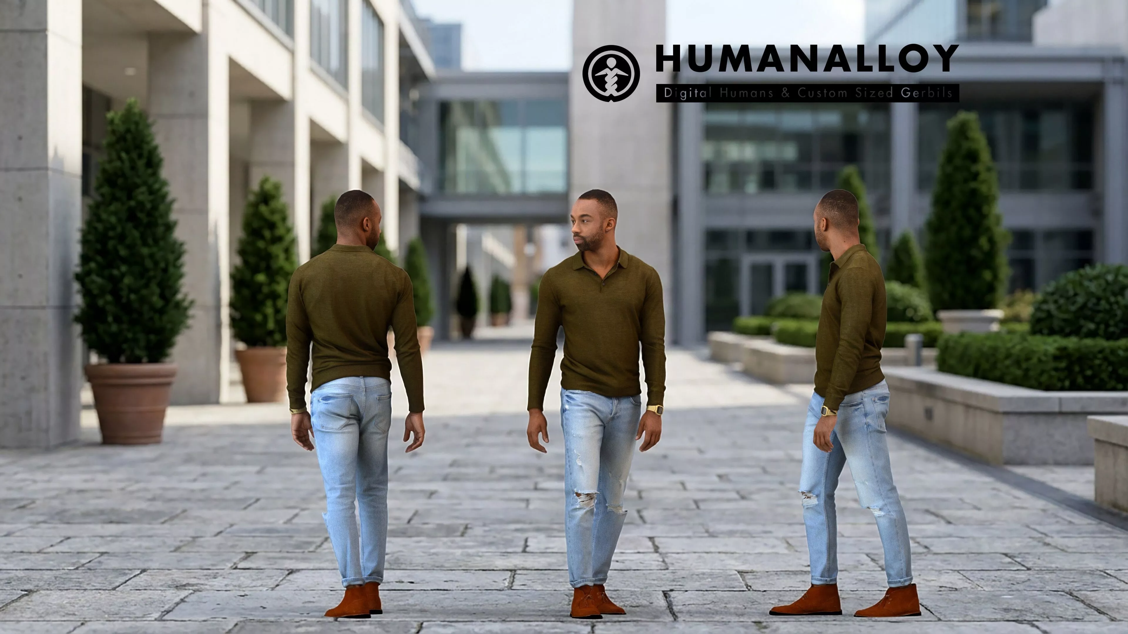 Adult Black man walking through public space in autumn or 3D model