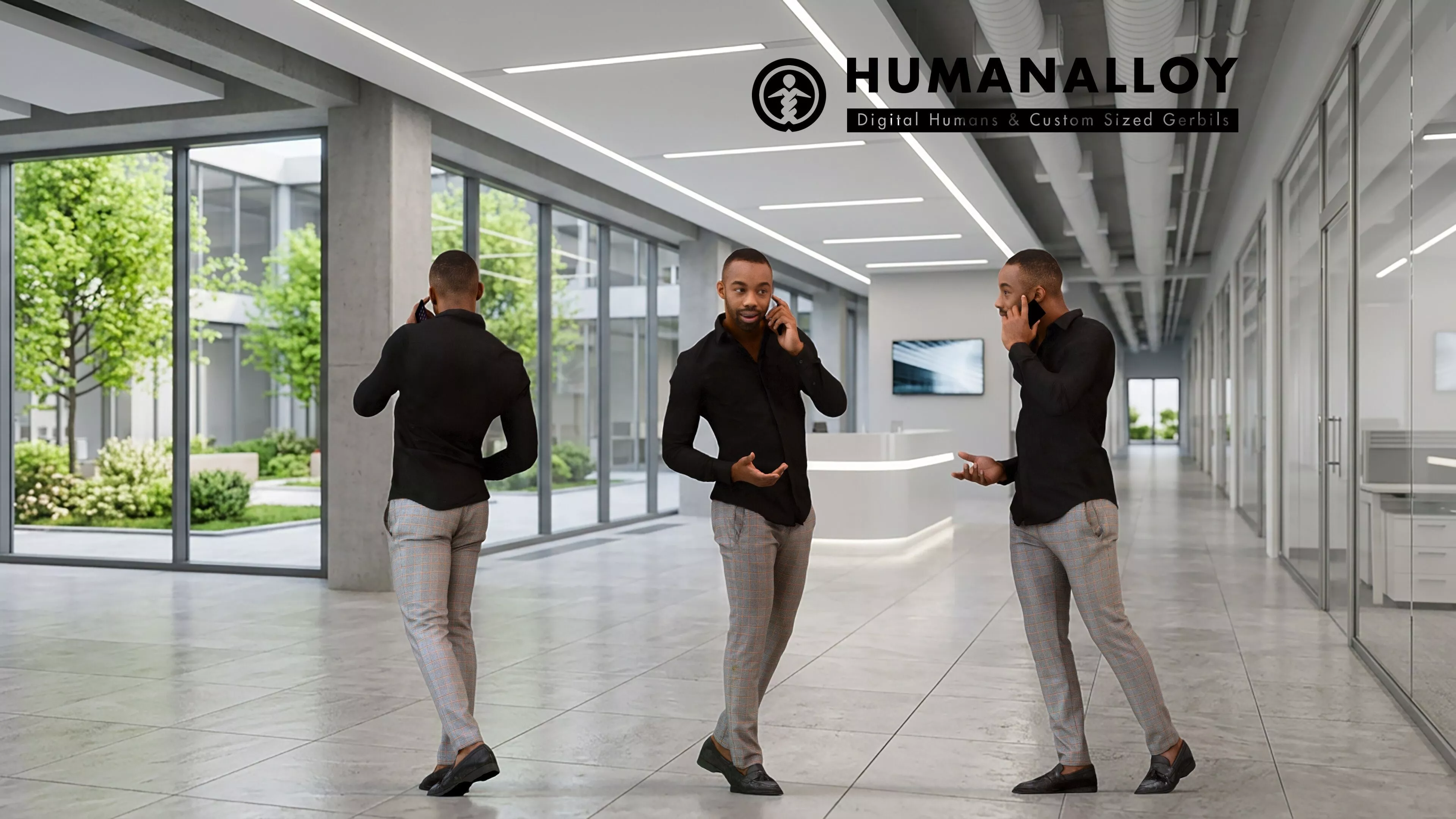 Adult Black male walking through office making phone call in 3D model