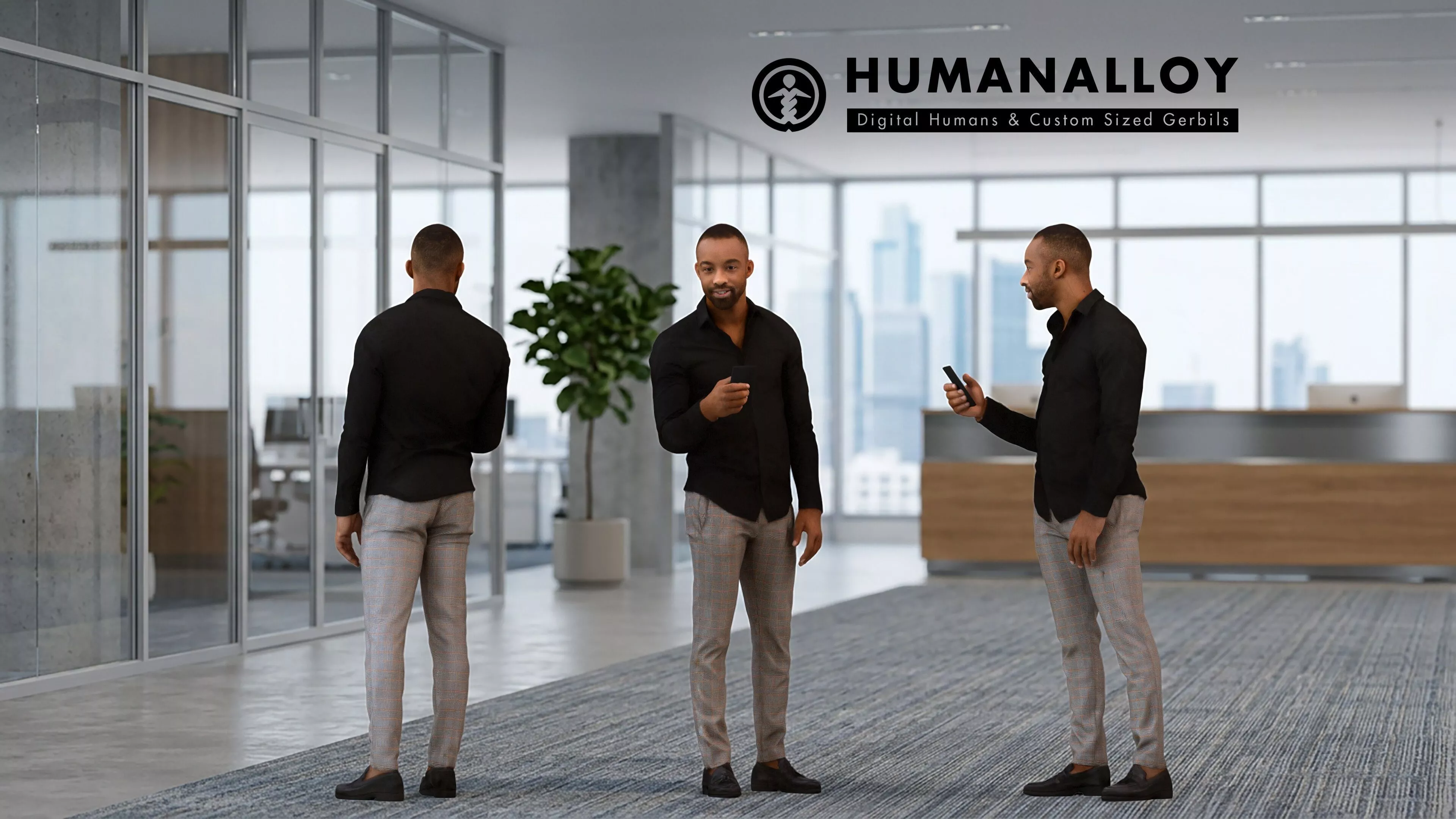 Adult Black male standing in office with smartphone wearing 3D model