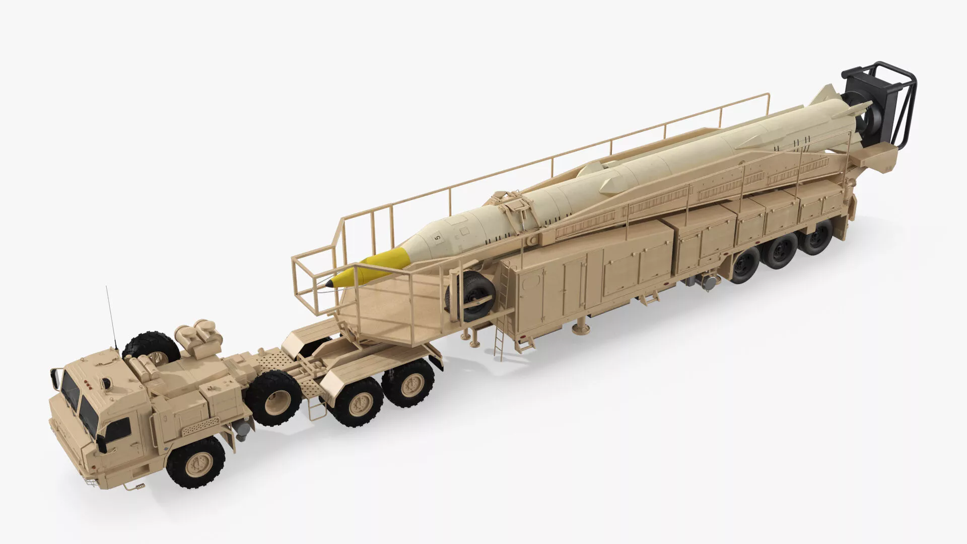 Sejjil Ballistic Missile with BAZ 64022 Hauler Rigged for Maya 3D model
