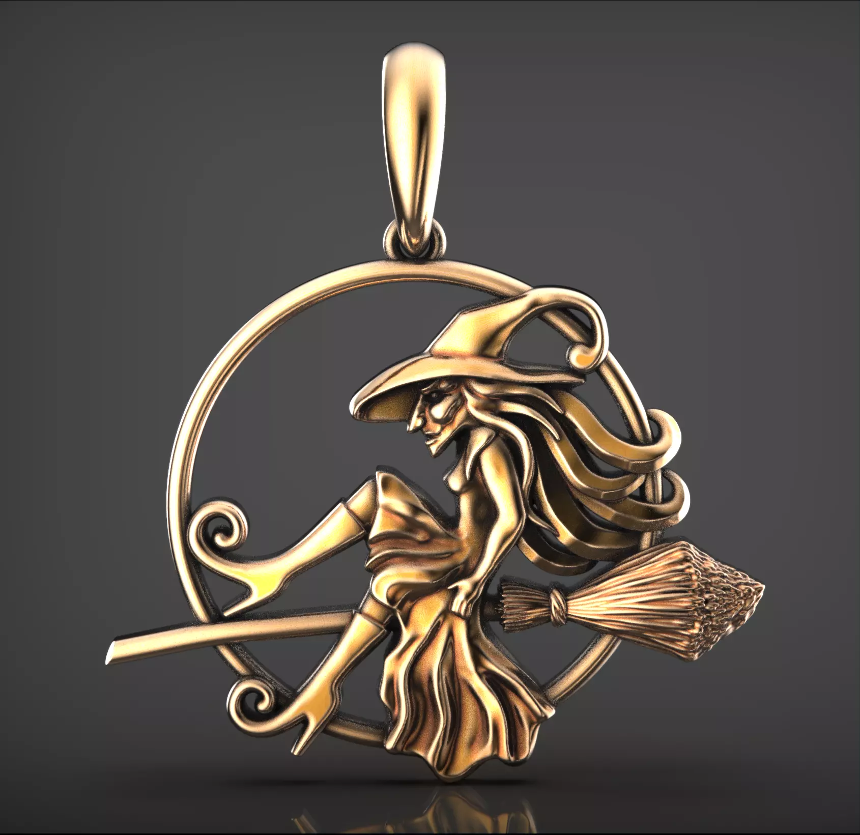 Magic Fly Woman on Broom Witch in a Hat Pendant 2 3D print model