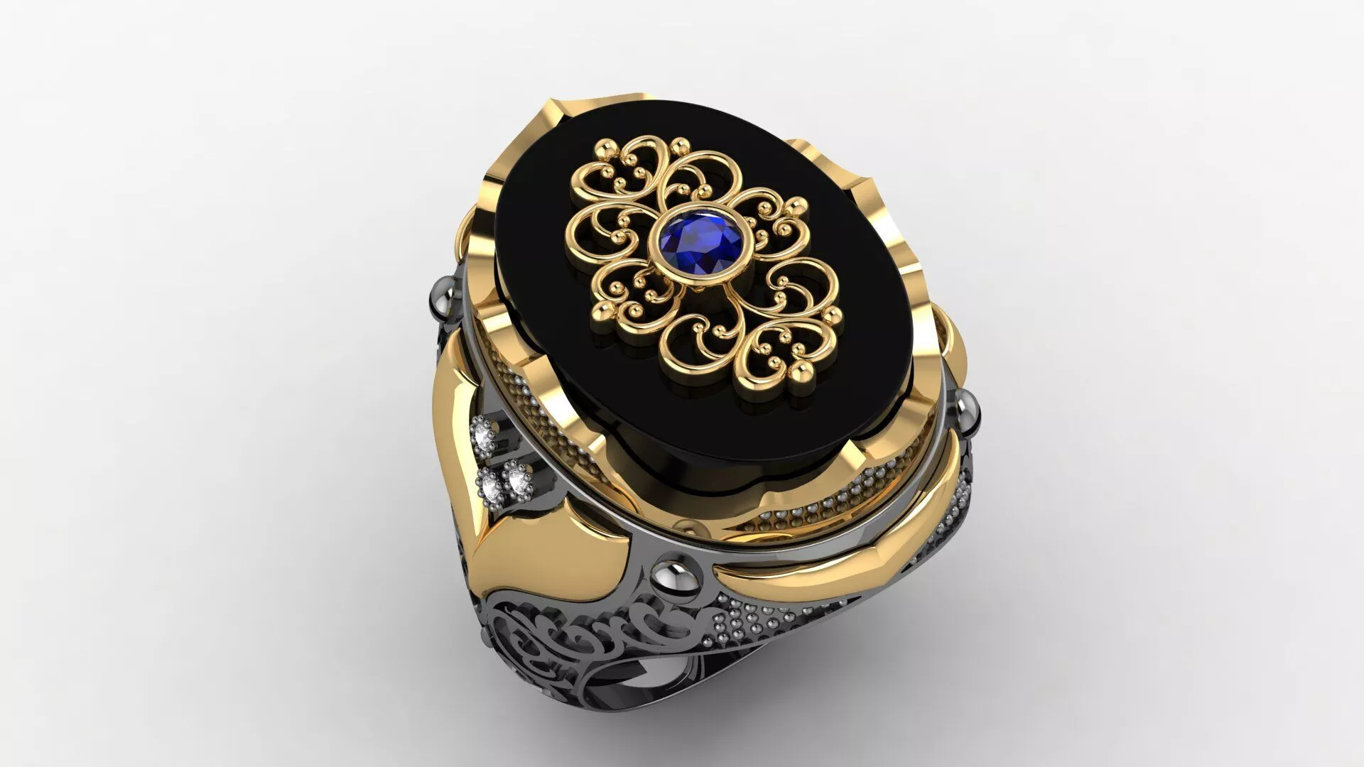 Mens Onyx Signet Ring with Sapphire - 3D Jewelry CAD-17 Sizes 3D print model