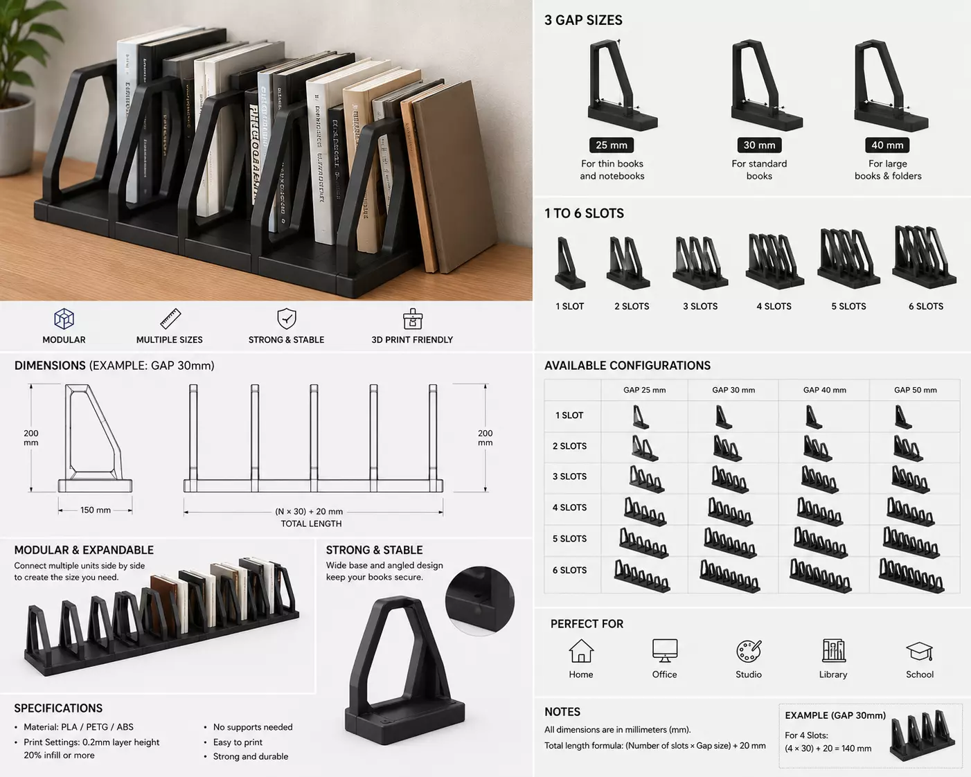 Modular Book Organizer 25 30 40 50 mm Gap 1 to 6 Slot Free 3D print model