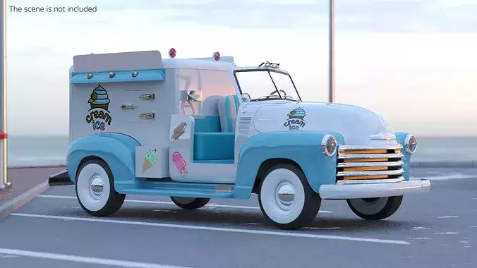Retro Ice Cream Truck Two-Tone White Blue Rigged 3D model