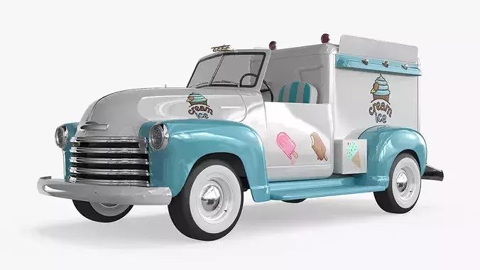 Retro Ice Cream Truck Two-Tone White Blue Rigged 3D model 5