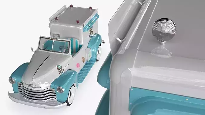 Vintage Ice Cream Van Rounded Body White Blue 3D model 5